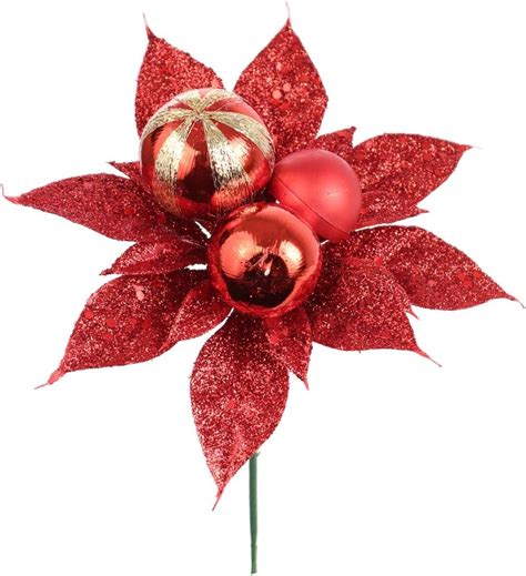 Set Of Sparkling Red Glitter Poinsettia Flower Picks With