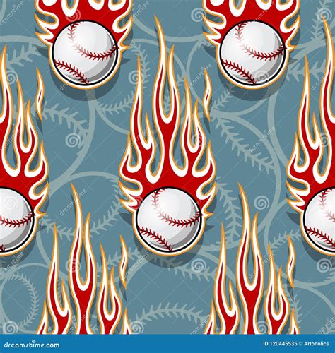 Seamless Vector Pattern With Baseball Softball Ball Icon And Flame