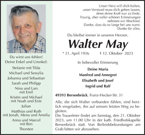 Traueranzeigen Von Walter May Noz Trauerportal