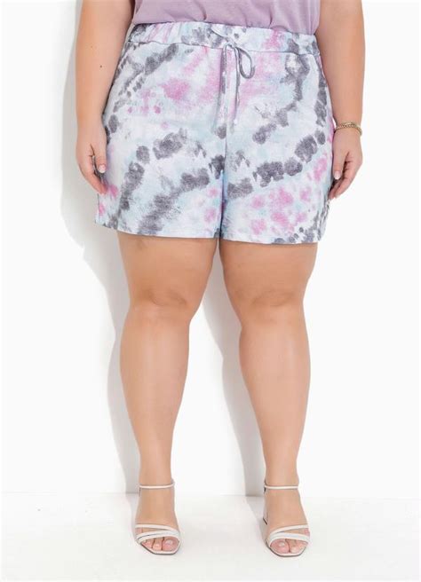 Short Tie Dye Branca Elástico Plus Size Queima de Estoque