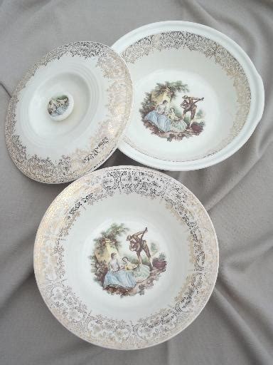 Vintage Set American Limoges China Doro Gold Lace Border W French Scene