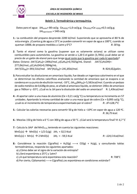 Boletin 2 Termodinámica Y Termoquímica Área De IngenierÍa QuÍmica Escuela De IngenierÍa De