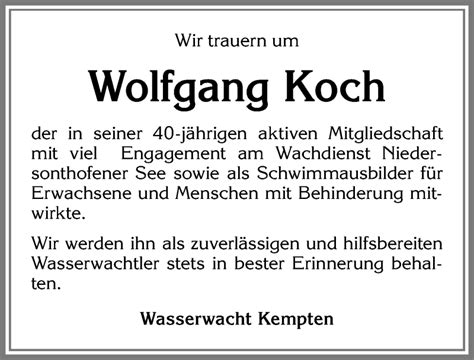 Traueranzeigen von Wolfgang Koch Allgäuer Zeitung