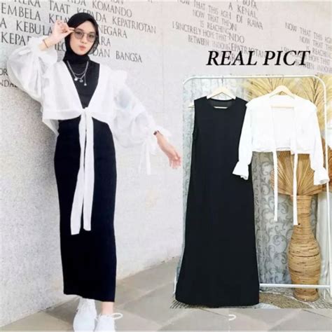 Jual ONE SET DRESS MUSLIMAH INNER OUTER LENGAN SERUT PUTIH HITAM