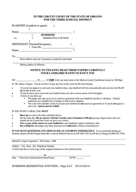 Summons Residential Eviction Printable Pdf Download