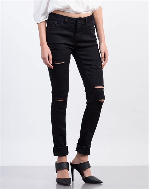 Ripped High Waisted Skinny Jeans Black Destroyed Denim White