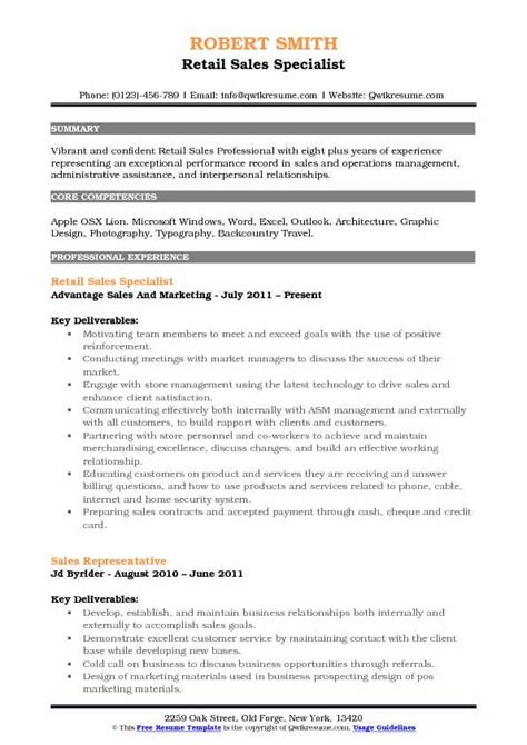 Retail Sales Specialist Resume Samples Qwikresume