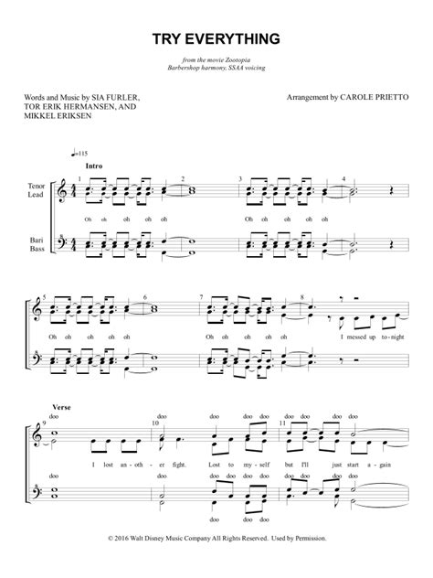 Try Everything Arr Carole Prietto By Shakira Sheet Music For Ssaa