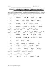 Unit Balancing Equations And Types Of Reactions Worksheet Docx Name