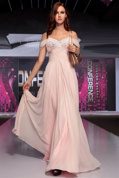 Pink Beaded Off The Shoulder Chiffon Prom Gown Evening Dress