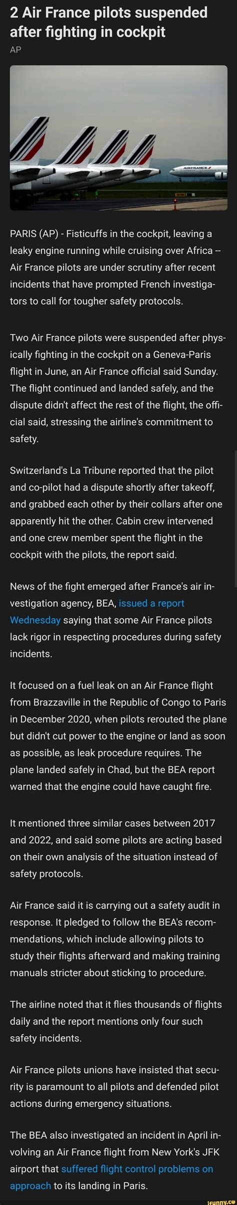 Air France Pilots Suspended After Fighting In Cockpit Ap Airpram