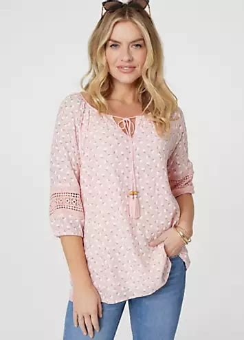 Pink Floral Lace Three Quarter Sleeve Blouse By Izabel London Look Again