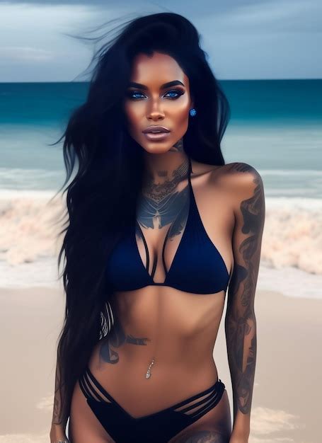 Premium Ai Image A Woman With Tattoos On Her Chest And A Blue Bikini Top