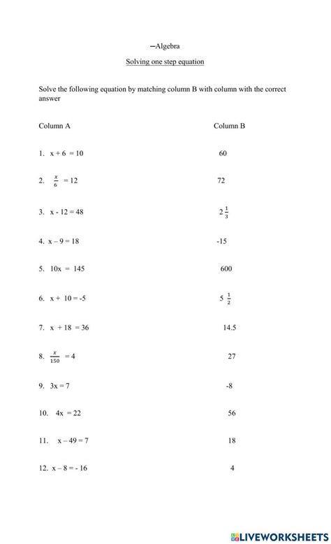 Algebra One Step Equation Worksheet Live Worksheets