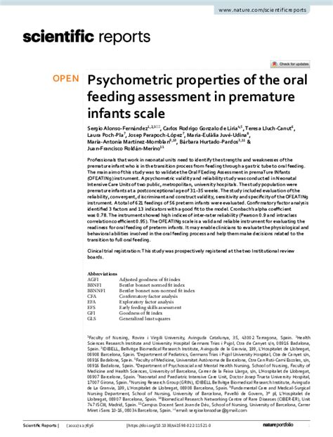 Pdf Psychometric Properties Of The Oral Feeding Assessment In