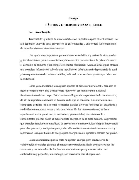 Ensayo Sobre Estilos De Vida Saludable Ensayo HÁbitos Y Estilos De Vida Saludable Por Karen