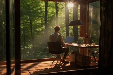 Premium Photo | A person working on a laptop at a desk in a sunlit forest