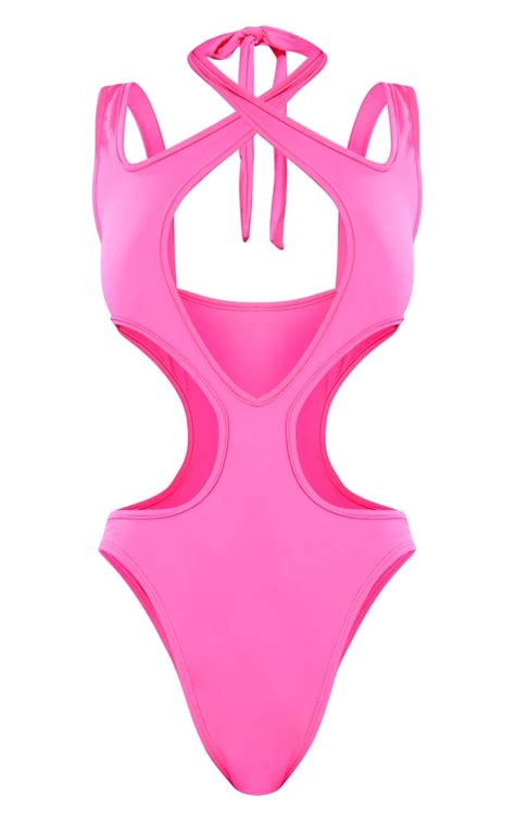 Beach Crotchless Sexy Spandex Waist Tie Hot Pink Swimsuits Bikini With