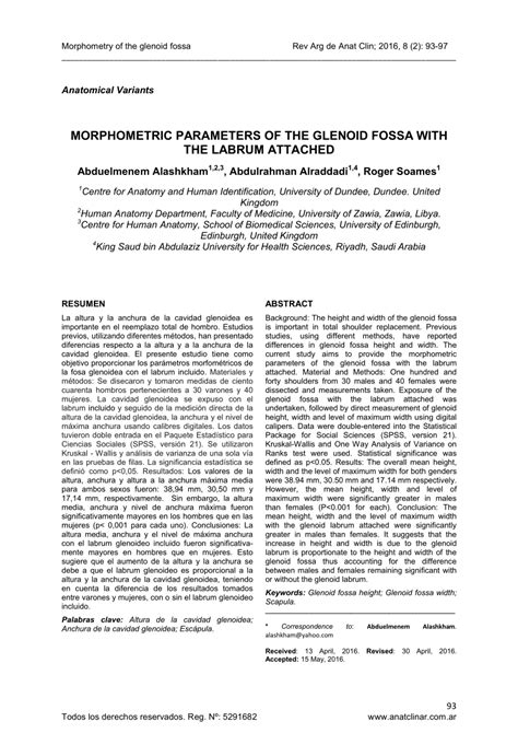 (PDF) MORPHOMETRIC PARAMETERS OF THE GLENOID FOSSA WITH THE LABRUM ATTACHED