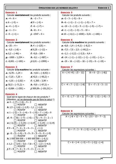 Multiplication des nombres relatifs exercices corrigés Dyrassa