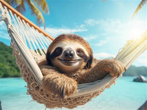 Premium Ai Image A Cute Sloth Lies In A Hammock On The Beach