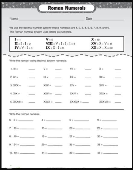 Roman Numerals Worksheet in Printable PDF