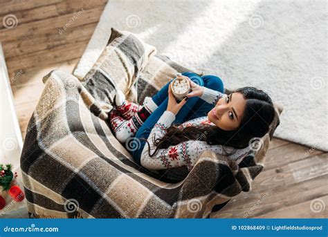 Woman Enjoying Hot Chocolate With Marshmallow Stock Image Image Of