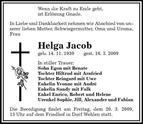 Traueranzeigen Von Helga Jacob Trauer Anzeigen De