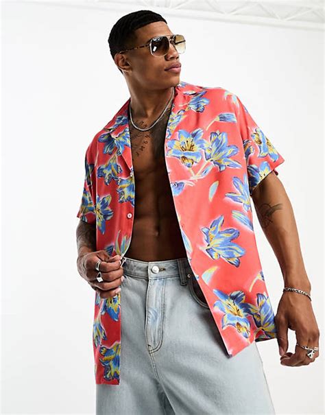 Asos Design Deep Revere Shirt In Hawaiian Floral Print Asos