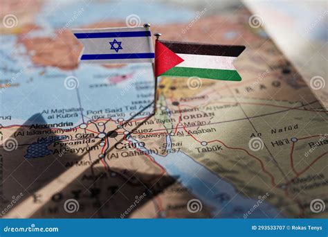 Bandiere Israeliane E Palestine Sulla Mappa Geopolitica Striscia Di