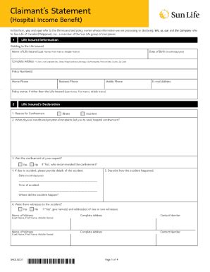 Fillable Online Claimant S Statement Hospital Income Benefit