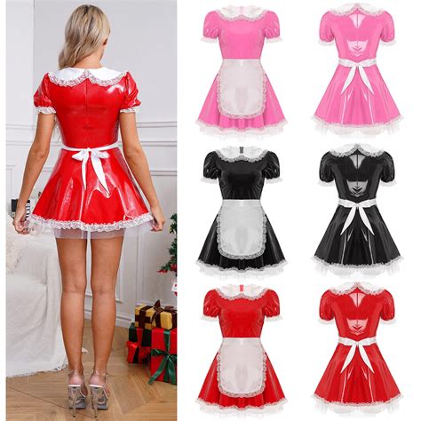 Us Womens French Maid Fancy Dress Costume Patent Leather Dress With Apron Set สถานีตำรวจภูธรตากใบ