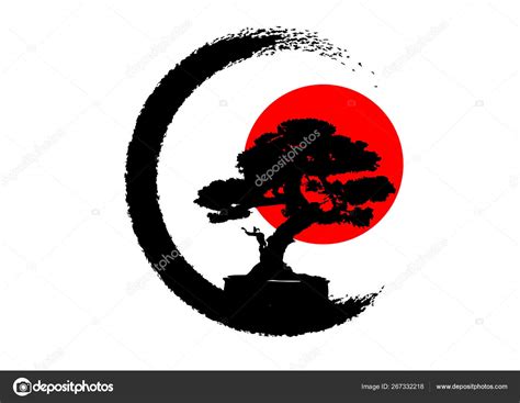 Japanese Bonsai Tree Logo Black Plant Silhouette Icons On White