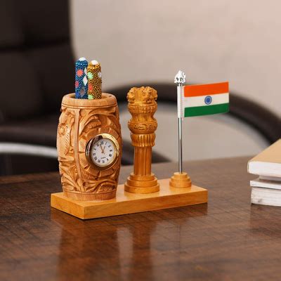 Meka Hub Wooden Pen Stand With Wooden Clock Mounted With Ashok Stambh