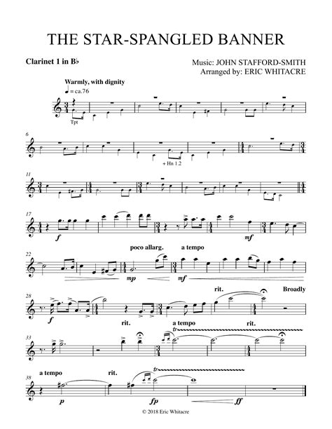 The Star Spangled Banner Arr Eric Whitacre Bb Clarinet 1 Sheet