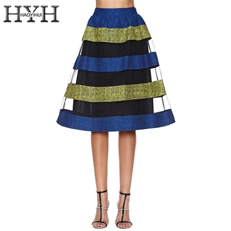 Hyh Haoyihui Color Block Stripe Midi Skirts Women High Waist Female