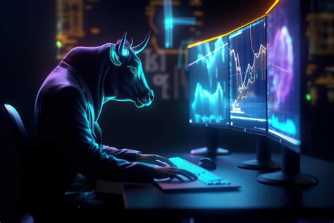 Bull Trading With Computer With Graph On Screen Bullish In Stock