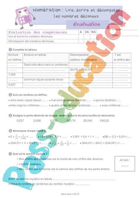 Lire écrire Et Décomposer Les Nombres Décimaux Evaluation De Numération Pour Le Cm1 Pdf à