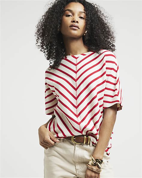 Red Textured Stripe T Shirt River Island