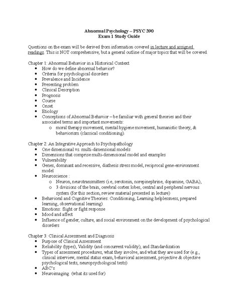 Exam 1 Study Guide Spring 2019 PSYC 390 Abnormal Psychology PSYC