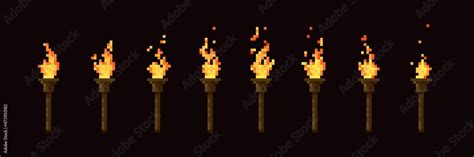 Cartoon Pixelated Torch Fire Flame Animation Of Bit Pixel Art Game