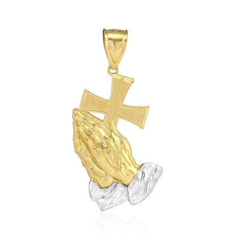 10k Yellow Gold Diamond Cut Cross Praying Hands Religious Charm Pendant