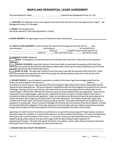 Printable Maryland Residential Lease Agreement