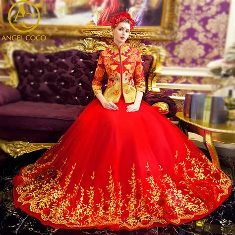 Aliexpress.com : Buy 2 Pieces Gorgeous Chinese Red Wedding Dress Long ...