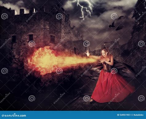 Witch In Medieval Castle Cast Magic Fireball Stock Image Image Of