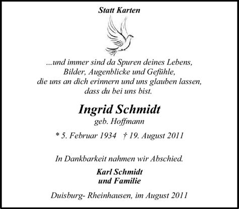 Traueranzeigen Von Ingrid Schmidt Trauer In Nrw De