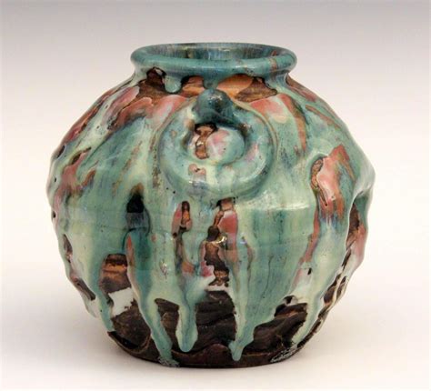 Awaji Pottery Manipulated Vase With Multicolored Volcanic Drip Glaze