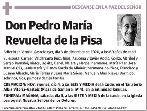 Pedro María Revuelta de la Pisa Esquela Necrológica El Correo