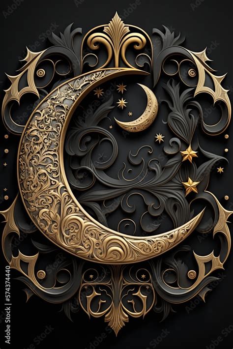 Islamic crescent, night sky, big moon, rich ornament. Paper art, 3d ...