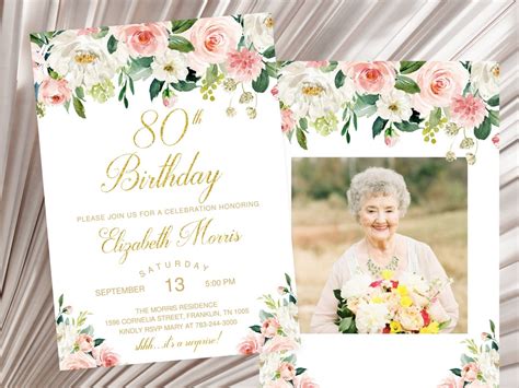 80th Birthday Invitation, Floral Birthday Invitation, Editable, Blush ...